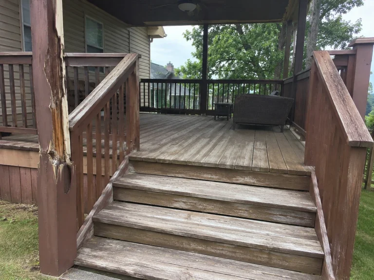 Weathered deck stairs before replacement in Keystone, Iowa
