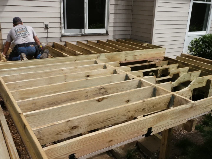 Framing large backyard deck in Marion, Iowa