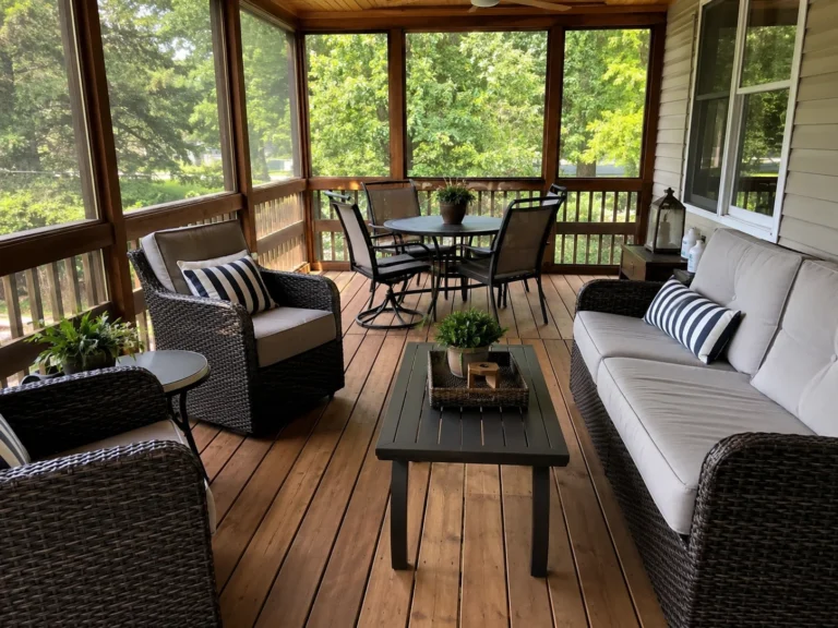 Screened porch interior lounge area in Marion, Iowa