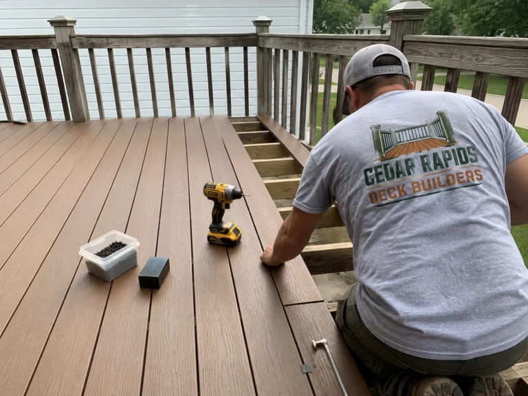 Installing brown composite deck boards in Mount Vernon, Iowa
