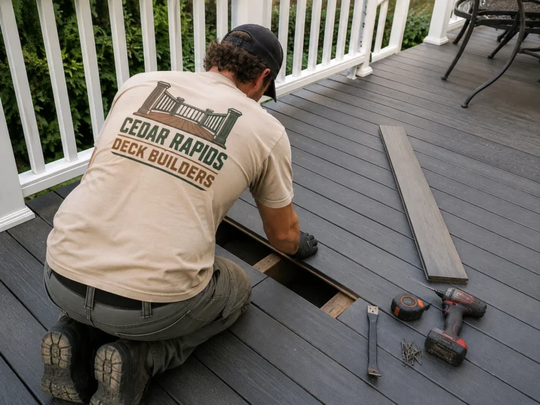 Installing gray composite deck boards in Mount Vernon, Iowa