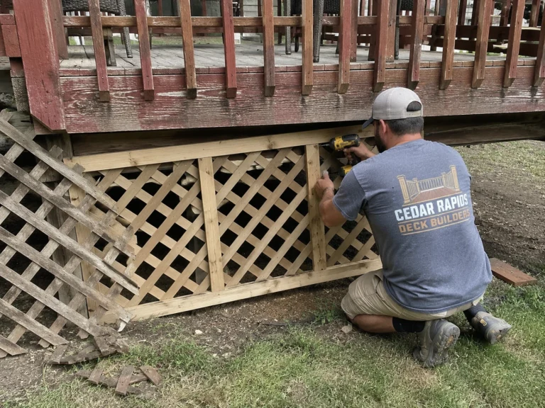 Repairing deck lattice skirting in Mount Vernon, Iowa