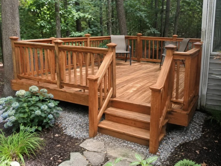 Small cedar deck with wide stairs in Newhall, Iowa