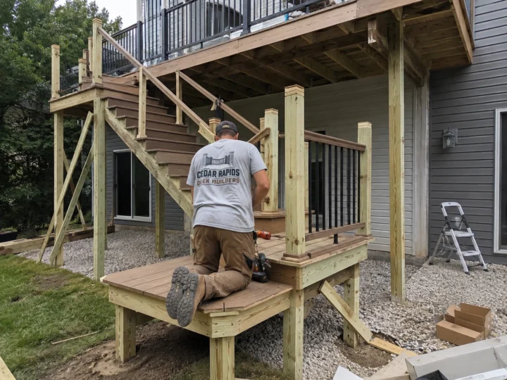 Building lower deck landing under raised deck in Robins, Iowa