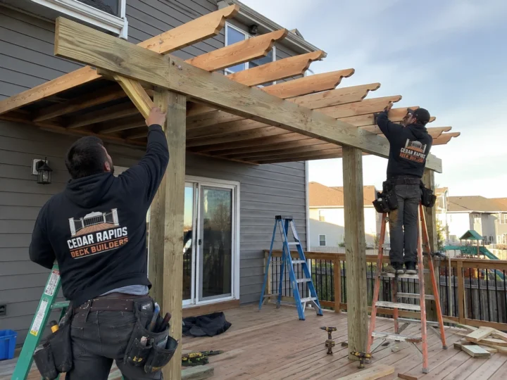 Building pergola roof over deck in Robins, Iowa