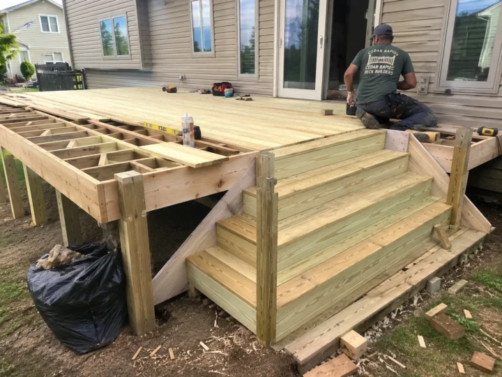 Building wide pressure treated deck stairs in Robins, Iowa