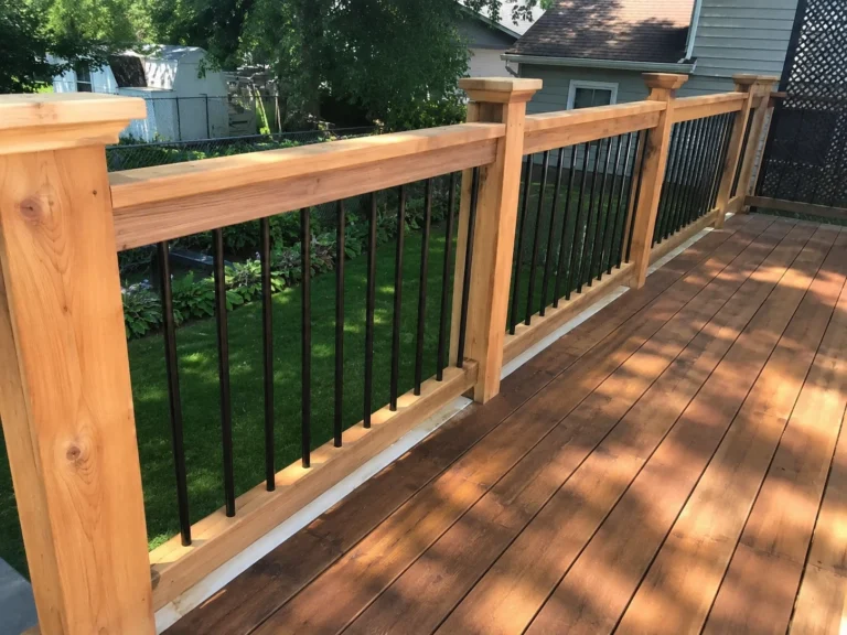 Cedar deck railing with black balusters in Toddville, Iowa