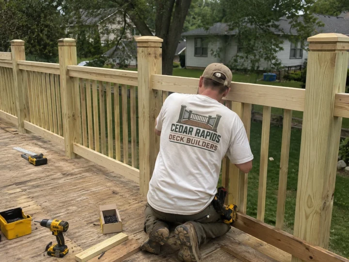 Installing wood deck railing in Toddville, Iowa