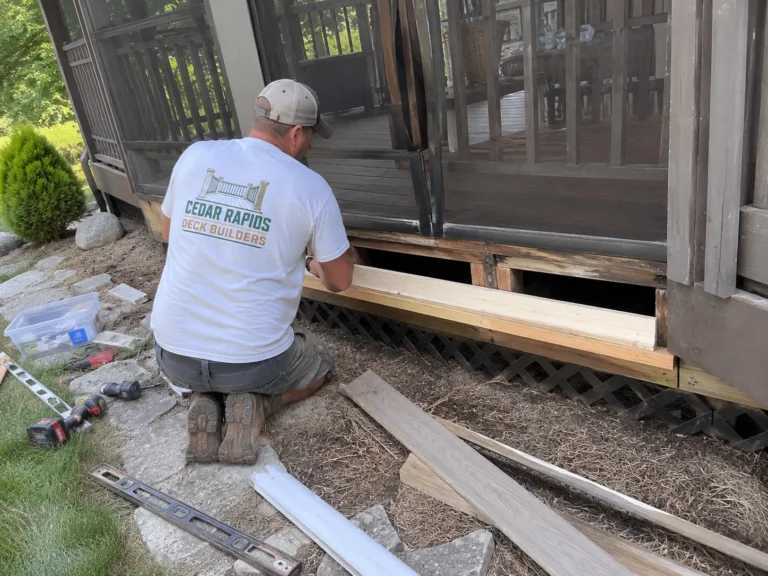 Replacing screened porch base trim in Toddville, Iowa