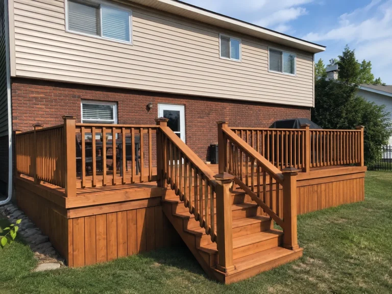 Finished cedar deck with stairs and railing in Van Horne, Iowa