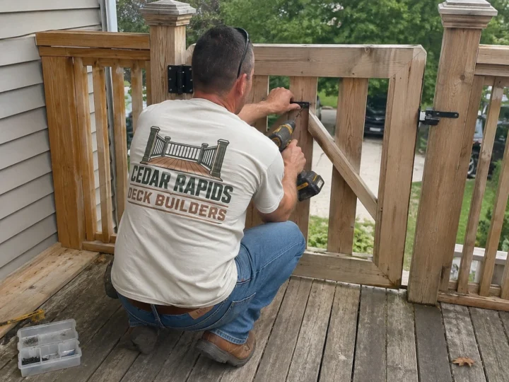 Repairing wood deck gate in Van Horne, Iowa